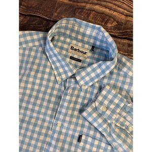Barbour Shirt 2XL Tailored Fit Long Sleeve Button Down Blue/White Gingham Cotton